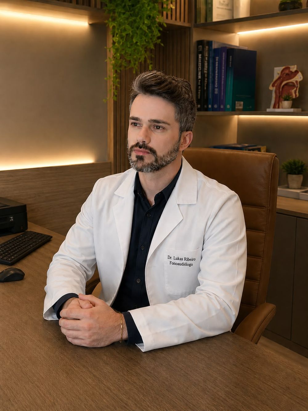 Dr. Lukas Ribeiro, fonoaudiólogo, em seu consultório em São Paulo